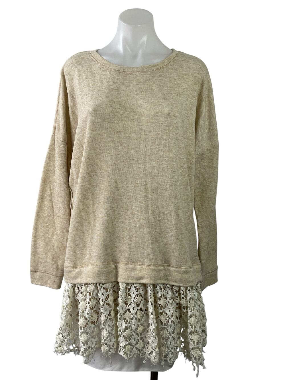 Free People Shake It Cream Crochet Lace Hem Beach Pullover Sweater Tunic Top M/L